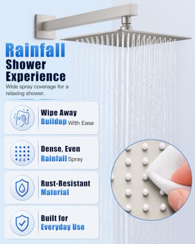 Heyalan 10 Inch Square Rain Shower Faucet Set with Valve, Brushed Nickel | Female-thread 1/2-inch NPT connections, SUS304 shower head, brass rough-in valve, single-handle control Shower Set - color: Nickel, size: 10 Inch Square Shower Head