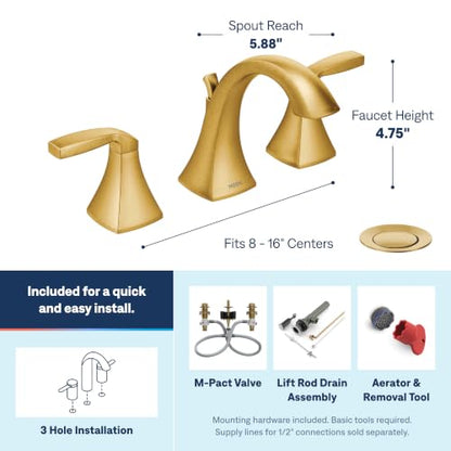 Moen Voss Two-Handle Widespread Bathroom Sink Faucet Trim Kit, Brushed Gold Finish, 8-Inch Adjustable 3-Hole Installation, Valve Required, Model T6905BG - color: Brushed Gold