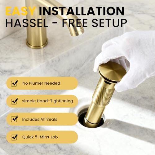 Pop up Bathroom Sink Drain with Overflow, Removable Stainless Steel Hair Catcher, Fits 1.5-1.75", Brushed Gold Stainless Steel Bathroom Sink Stopper for Vanity Vessel Sink Drain Stopper - color: Brushed Gold, style: Big Popup Cap