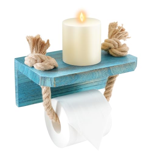 Nautical Rope Toilet Paper Holder Beach Farmhouse Bathroom Decor | Pre-Assembled Wall Mounted Coastal Ocean Starfish Rope Towel Rack Unique Tissue Roll Holder with Wood Shelf Blue - color: Rustic Sea Blue