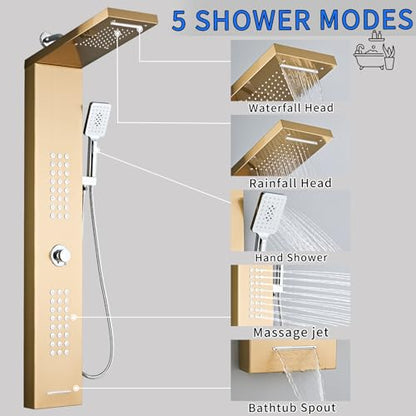 Shower Panel Tower System,Rain Shower Head Rainfall | Waterfall Shower,Handheld High Pressure Rain Massage System(Lengthened Gold) - color: Gold, style: Upgrade and lengthen