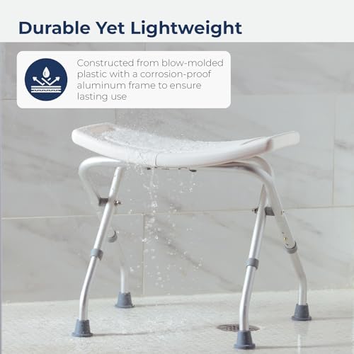 Drive Medical 12486 Folding Shower Chair, Bath Bench with Drainage, White | Folding Shower Chair Includes Drainage Holes and In-Seat Handles, Supports Users Up to 300 Pounds, White