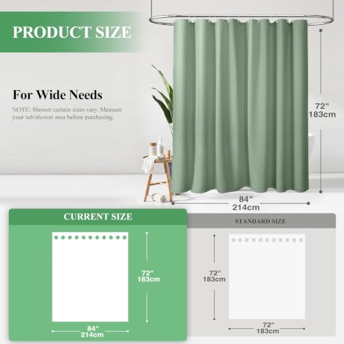 Dynamene Extra Wide Shower Curtain - 84 Inch Wide Waffle Weave Weighted Thick Cloth Bathroom Shower Curtain, Neutral Heavy Duty Hotel Bath Curtain Set with 14 Plastic Hooks, 84x72, Sage Green - color: A. Sage Green, size: 84"W x 72"L (Pack of 1)