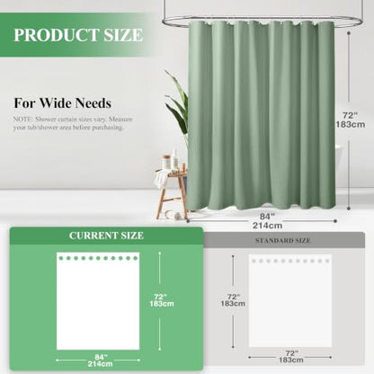 Dynamene Extra Wide Shower Curtain - 84 Inch Wide Waffle Weave Weighted Thick Cloth Bathroom Shower Curtain, Neutral Heavy Duty Hotel Bath Curtain Set with 14 Plastic Hooks, 84x72, Sage Green - color: A. Sage Green, size: 84"W x 72"L (Pack of 1)