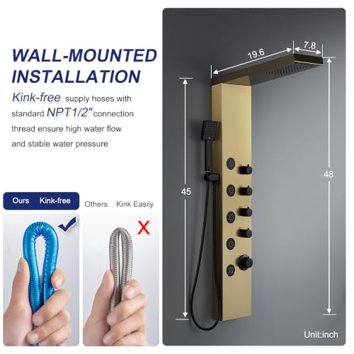 ROVATE 4-in-1 Rainfall Waterfall Shower Panel Tower System, Brushed Gold | Shower Column with Body Massage Jets and Handheld, Stainless Steel High Pressure, Use Multiple Functions Simultaneously - color: Brushed Gold