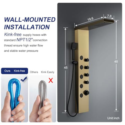 ROVATE 4-in-1 Rainfall Waterfall Shower Panel Tower System, Brushed Gold | Shower Column with Body Massage Jets and Handheld, Stainless Steel High Pressure, Use Multiple Functions Simultaneously - color: Brushed Gold