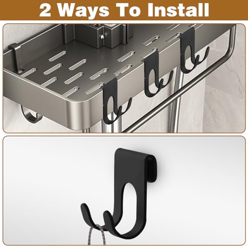 4Pcs Black Shower Caddy, Metal Shelf Basket Rack with Double Hooks for Loofah Sponge