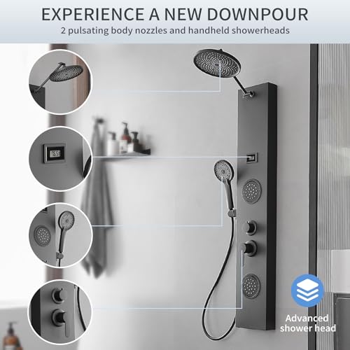 Shower Panel Shower Tower System, 9 Inch Rainfall Shower Head Round, Stainless Steel with Massage Body Jets Adjustable, Temperature Display, Stand Shower Column Wall Mount, Black
