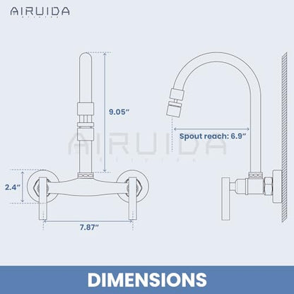 Airuida 8 Inch Center Matte Black Wall Mounted Kitchen Sink Faucet | 360° Degree Swivel Spout,Double Handle,Wall Mount Utility Sink Faucet - color: Matte Black