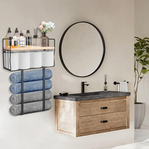 Livabber Towel Racks for Bathroom, Metal Towel Storage Holder for Roll Towels, Wall Mounted Towel Organizer with Storage Basket and Wooden Shelf for Small Spaces (Black)