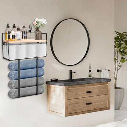 Livabber Towel Racks for Bathroom, Metal Towel Storage Holder for Roll Towels, Wall Mounted Towel Organizer with Storage Basket and Wooden Shelf for Small Spaces (Black)