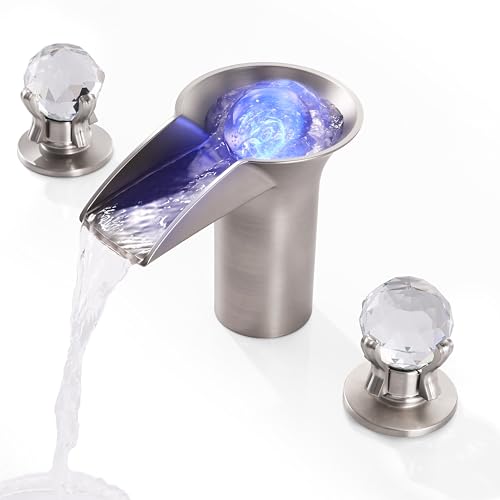 SKOWLL Bathroom Sink Faucet Waterfall, Modern Free Floating Crystal Ball with LED Light, 2 Handle Deck Mount 8 inch Widespread Bathroom Faucet 3 Hole, Brushed Nickel - color: Brushed Nickel