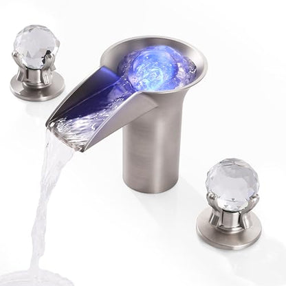 SKOWLL Bathroom Sink Faucet Waterfall, Modern Free Floating Crystal Ball with LED Light, 2 Handle Deck Mount 8 inch Widespread Bathroom Faucet 3 Hole, Brushed Nickel - color: Brushed Nickel
