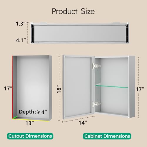 14 x 18 Aluminum Medicine Cabinet Mirror, Moisture & Rust Resistant Bathroom Wall Cabinet with Mirror, Recessed or Surface Mount with Adjustable Shelves, Tempered Glass & Soft Close Hinges - size: 18"L x 14"W