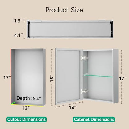 14 x 18 Aluminum Medicine Cabinet Mirror, Moisture & Rust Resistant Bathroom Wall Cabinet with Mirror, Recessed or Surface Mount with Adjustable Shelves, Tempered Glass & Soft Close Hinges - size: 18"L x 14"W