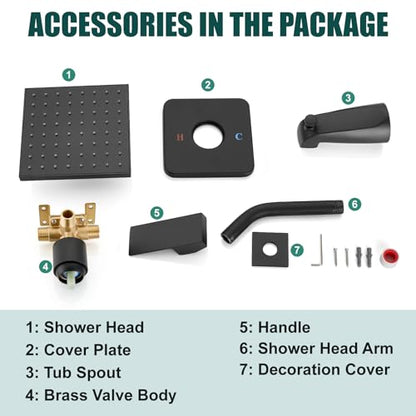 Heyalan 6 Inch Shower Set with Tub Spout and Valve,Matte Black | 6-inch square rainfall head, tub spout with diverter, male-thread rough-in valve, single-handle control and wall-mount design - color: Matte Black, size: 6 Inch Square Shower Head
