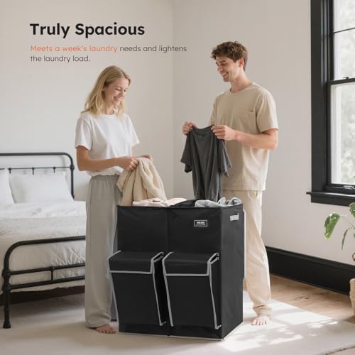 SOLEDI 180L Double Laundry Hamper with Lid and 2 Side Pockets, Dual Hamper | 2 Section Laundry Basket, Removable & Washable Laundry Bags, 180L Large Capacity, for Bedroom, Bathroom, Laundry Room, Dorm - color: Black