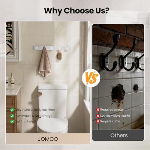 JOMOO Bathroom Robe Hook, Stainless Steel 2 Pack Adhesive Wall Hooks for Bathroom,No Drill Towel Hooks for Bathrooms, Metal Robe Hook Rack Wall Mount - color: Chrome