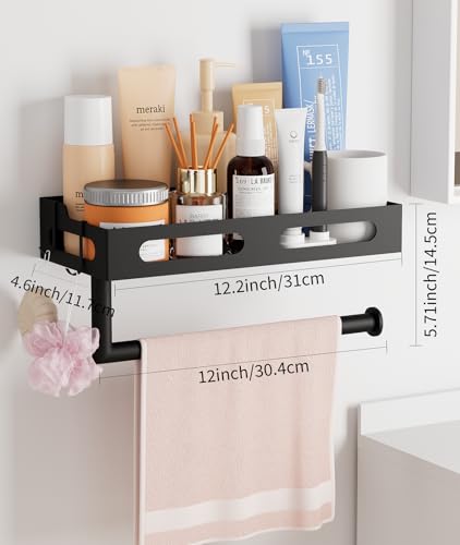 Paper Towel Holder Wall Mount with Shelf, Easy One Hand Tear, Adhesive Glue or Drill Mount Hanging Paper Towel Holder with Shelf for Kitchen/Bathroom/RV, Black Metal, 4 Hooks - color: Black