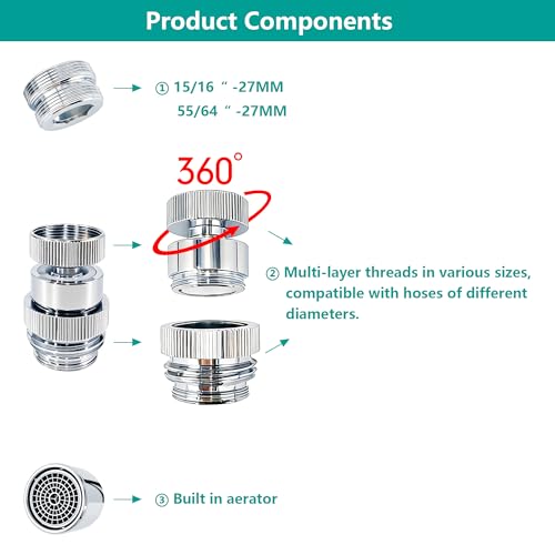 3/4 Inch GHT thread Garden Hose Adapter with Aerator, 360 Degree Swivel Faucet to Garden Hose Adapter,Sink Garden Hose Attachment Connection for Bathroom Kitchen