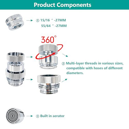 3/4 Inch GHT thread Garden Hose Adapter with Aerator, 360 Degree Swivel Faucet to Garden Hose Adapter,Sink Garden Hose Attachment Connection for Bathroom Kitchen
