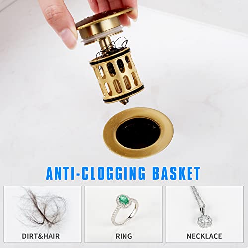 JONKEAN Brushed Gold Pop Up Drain Without Overflow for Bathroom Sink | Built-in Anti-Clogging Strainer, Brass and 304 Stainless Steel for 1.6"-1.9" Sink Hole, Sink Stopper Hair Catcher - size: With Overflow