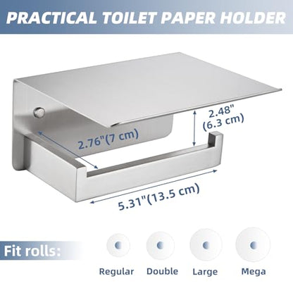 Toilet Roll Holder with Shelf, Brushed Nickel, 304 Stainless Steel | Phone & Small-Item Storage, Clean Modern Look, Guest Bathroom & Powder Room Use, Concealed Screw Mounting - color: Brushed Nickel, size: Single Rod