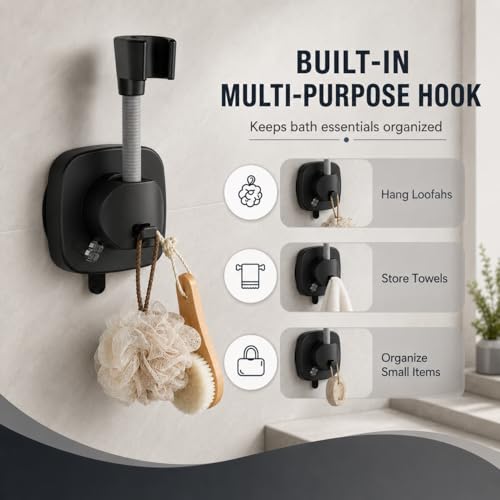 Suction Cup Shower Head Holder, Black Lever Lock Adjustable | Strong Suction Hold, Lever-Lock No-Drill Mount, Adjustable for Tile, Glass, Marble and Metal; Fits Most 1/2-Inch Hoses - style: Matte Black-D