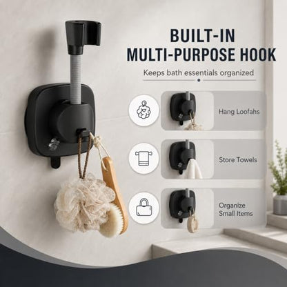 Suction Cup Shower Head Holder, Black Lever Lock Adjustable | Strong Suction Hold, Lever-Lock No-Drill Mount, Adjustable for Tile, Glass, Marble and Metal; Fits Most 1/2-Inch Hoses - style: Matte Black-D