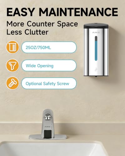 AIKE Classic Automatic Soap Dispenser,25oz for Commercial,Polished AK1205E | 5-Level Adjustable and Savety Key for Commercial(4*AA Batteries Not Included),No-drill and Screw Wall Mount for Space-Saving - color: Polished Stainless Steel