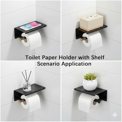 Toilet Paper Holder with Shelf, Stainless Steel PVD Black with Gold Accents | Wall Mount Toilet Tissue Roll Holder with Phone Shelf for Bathroom Storage, Solid Brass Roll Bar with Knurled Texture Detail - color: Dual Tone Black & Gold