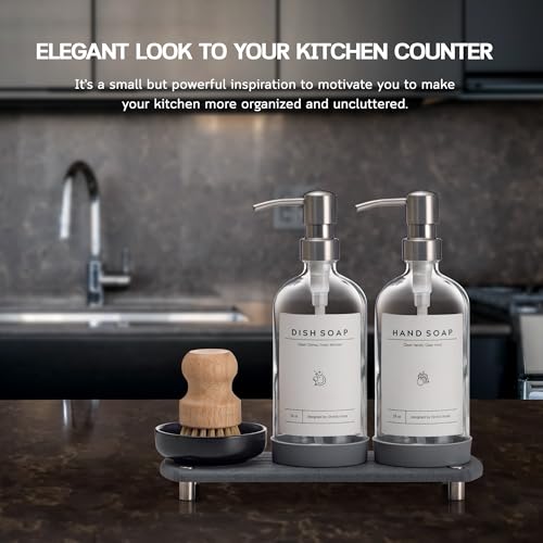 [Luxury] Kitchen Soap Dispenser Set - 16OZ Clear Glass Bottle, Stainless Steel Pump, Instant Dry Tray, Waterproof Labels, Non-Slip Silicone Pad, and Dish Brush | Upgrade for Your Kitchen and Bathroom - color: Transparent Bottle + Silver Pump