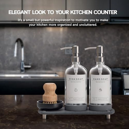 [Luxury] Kitchen Soap Dispenser Set - 16OZ Clear Glass Bottle, Stainless Steel Pump, Instant Dry Tray, Waterproof Labels, Non-Slip Silicone Pad, and Dish Brush | Upgrade for Your Kitchen and Bathroom - color: Transparent Bottle + Silver Pump