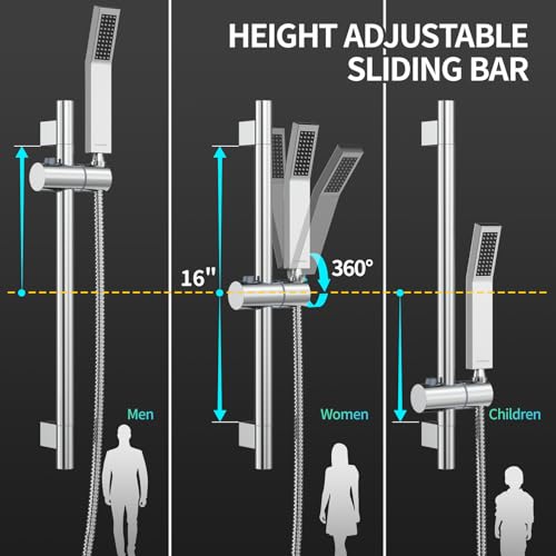 SR SUN RISE 12 Inch Slide Bar Shower System, Square Rain Shower Head and Handheld Spray, Wall Mounted Shower Faucets Sets Complete Included Valve and Shower Trim Kit, Polished Chrome | Rain Head and Handle System,16" Adjustable Shower Slide Bar,Soild Bras
