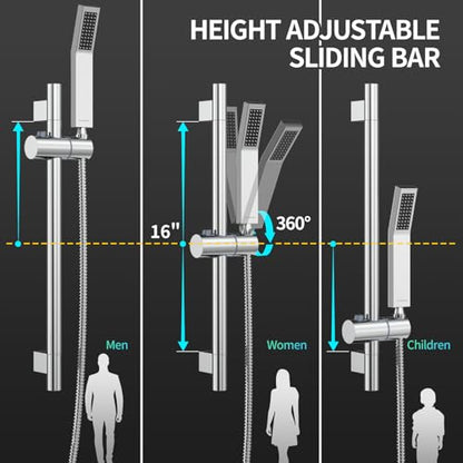 SR SUN RISE 10 Inch Square Shower System with Slide Bar,Polished Chrome | Rain Head and Handle System,16" Adjustable Shower Slide Bar,Soild Brass,Wall Mount,Included Valve and Trim Kit - color: Polished Chrome, size: 10 Inch