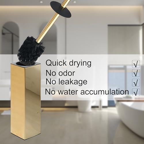 BGL Square Toilet Brush with Holder,Stainless Steel Rubber Painted Toilet Bowl Brush and Holder for Bathroom,2 Cleaner Brush Heads,Gold - color: Gold