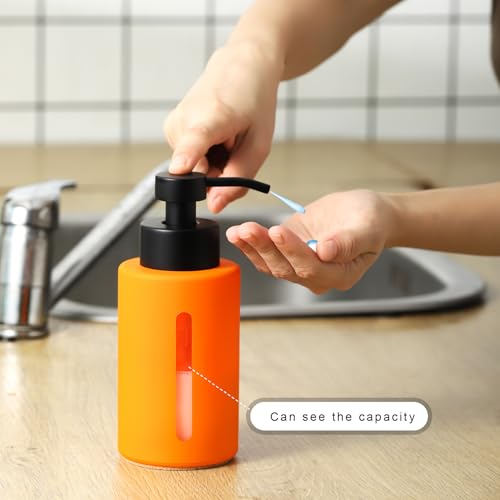 Enra Fall Glass Soap Dispenser with Window,12oz Orange Bathroom Soap Dispenser with Stainless Steel Lotion Pump,Hand Liquid Soap Dispenser Countertop for Bathroom Kitchen - color: Orange