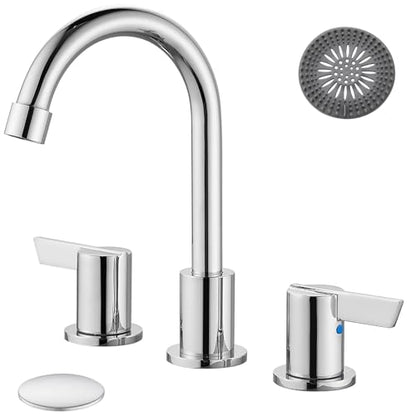 Bathroom Sink Faucet 3 Hole, 8 Inch Widespread, Polish Chrome | Lead-Free SUS304 Stainless Steel 8-Inch Widespread Bathroom Faucet with Pop-Up Drain & Supply Lines - color: Polish Chrome