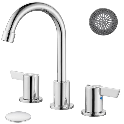 Bathroom Sink Faucet 3 Hole, 8 Inch Widespread, Polish Chrome | Lead-Free SUS304 Stainless Steel 8-Inch Widespread Bathroom Faucet with Pop-Up Drain & Supply Lines - color: Polish Chrome