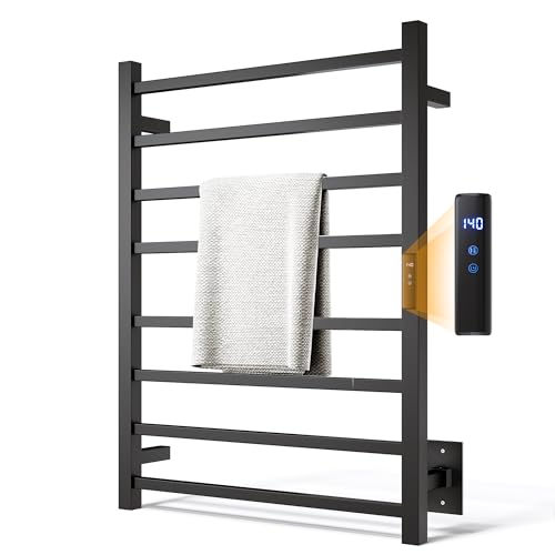 Towel Warmer Rack, Heated Towel Racks for Bathroom, Wall Mounted Towel Warmer, Stainless Steel 8-Bars Drying Rack with Intelligent Touch Screen Timer, Matte Black