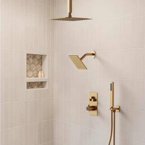 Ceiling Mount 12" High-Pressure Rainfall Shower Faucet, Dual Rainfall Shower Head System with Valve (Brushed Gold) - color: Gold, style: Ceiling Mount