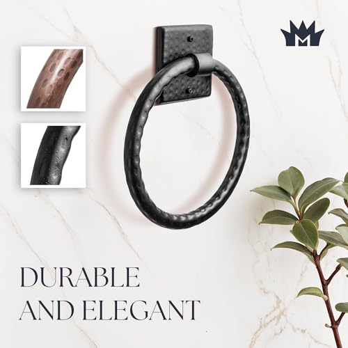 Monarch Abode Bathroom Towel Holder – 7-Inch Round Matte Black Bathroom Hand Towel Holder for Bathrooms Wall, Metal Hand Hammered Towels Ring Wall Mount, Traditional Surface-Mounted Ring Hanger - color: Matte Black, style: Traditional
