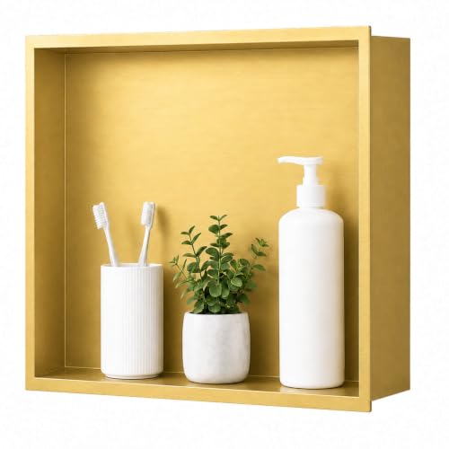 SaniteModar Stainless Steel Shower Niche Insert 12" x 12" Brushed Gold | No Tile Needed, Recessed Bathroom Niche, Waterproof, Space-saving, Easy Setup, Built-in Storage for Bathroom, Kitchen - color: Brushed Gold, size: 12" x 12", Single
