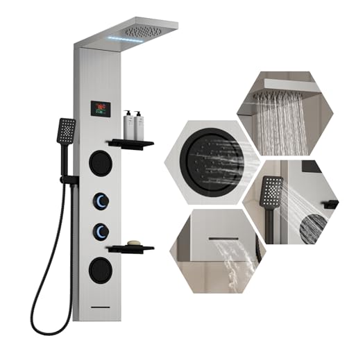 Homevacious 4 In 1 Shower Panel System with Shelf Brushed Nickel | LED Rain Shower Head Adjustable Massage Body Jets 3 Functions Handheld Head Tub Spout Stainless Steel - color: Brushed Nickel and Black, style: LED Shower Panel