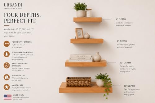 URBANDI, Rustic Floating Shelves, Set of 2, Hidden Bracket, Solid Wood, Heavy Duty, Wall Mounted Shelves, (Brown, 12Wx10D) - color: Brown, size: 12Wx10D