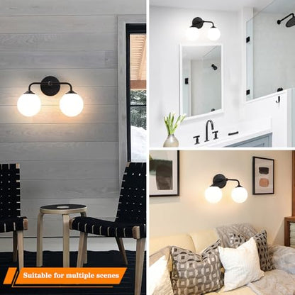 Industrial Matte Black 2-Lights Bathroom Light Fixtures, Vanity Wall Sconce Lighting with Milky White Glass Shade, Modern Bathroom Vanity Lighting, Wall Sconces over Mirror Dressing Table Bedroom - color: Black, size: 2 light