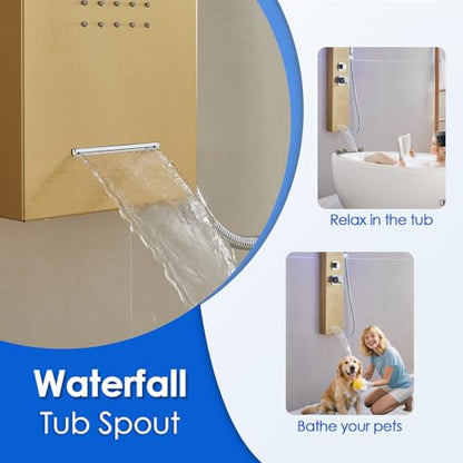 ROVOGO Gold Shower Panel Tower System W/Led Lights & 5 Shower Modes, 46.5" | Rainfall Waterfall Shower Head, 4 Body Massage Jets, Handheld and Tub Spout, Stainless Steel Shower Column with Brass Valves - color: Gold-4 jets