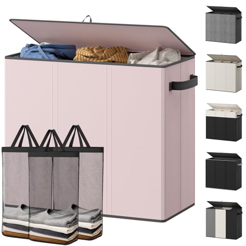 Optish 180L Laundry Hamper 3 Section, Large Laundry Hamper with Lid, Dirty Clothes Hampers with 3 Inner Bags, Laundry Basket Organizer for Laundry, Bedroom, Bathroom, Hamper 3 Compartment, Pink - color: Pink