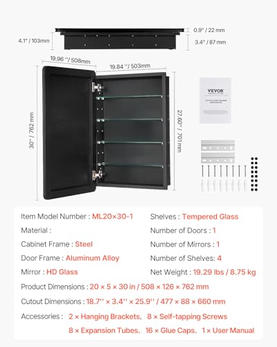VEVOR Medicine Cabinet, 20 x 30 inch, Medicine Cabinet for Bathroom with Mirror, Aluminum Frame Bathroom Wall Cabinet, 4-Layer Adjustable Shelves, Recessed & Wall-Mounted Installation - size: 20x30in