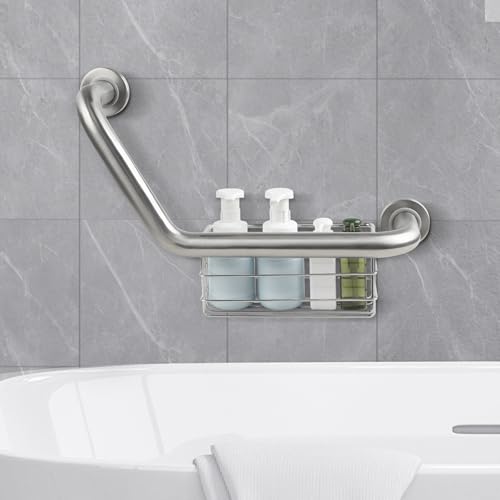 FSA Eligible, Upgrade 16 inch Angled Grab Bar with Storage Basket, Handicap Grab Bar for Elderly, Stainless Steel, Grab Bars for Shower, Bathroom Mobility Aid, Heavy Duty 550lbs Support